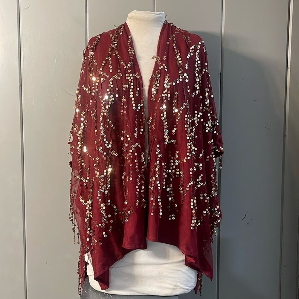 NWT Marcus Adler Jacket Kimono Red Burgundy Gold Sequin Artsy Boho Glam Coastal